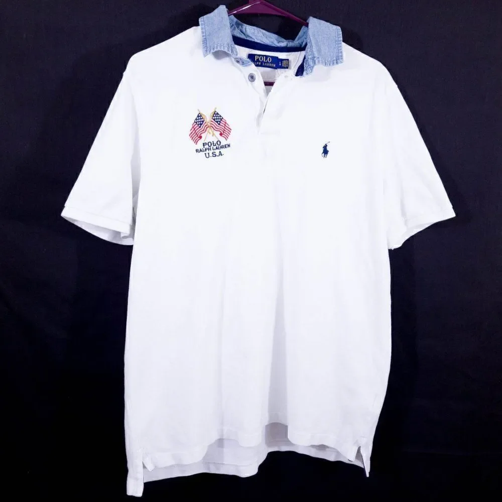 Polo Ralph Lauren, White, Denim Collar Polo, Men's Large